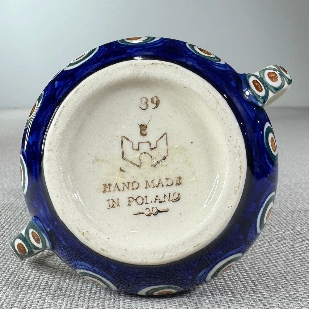 Polish Pottery Peacock Double Handle Sugar Bowl with Lid